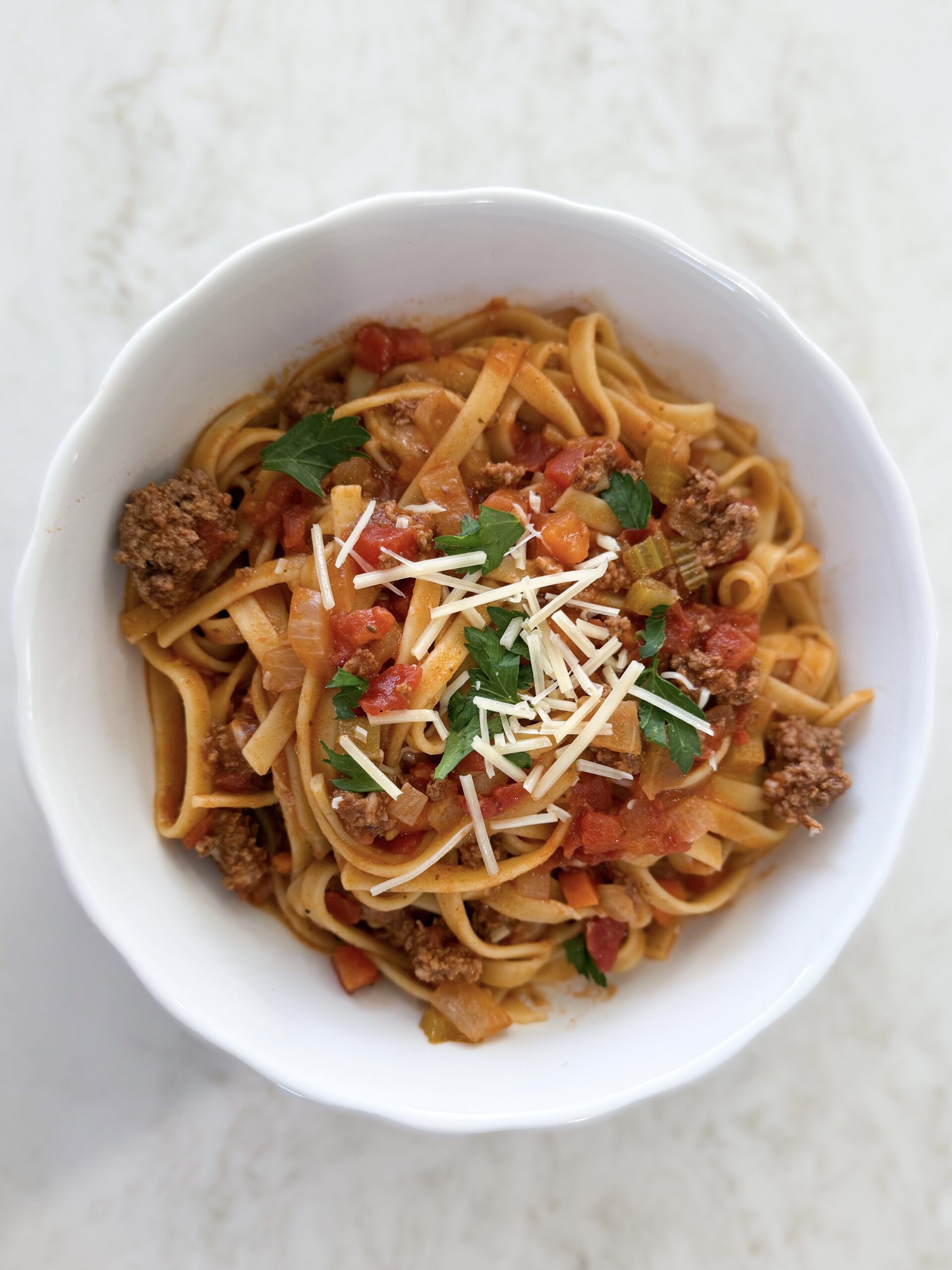 One-Pot Beef Bolognese with Pasta plated