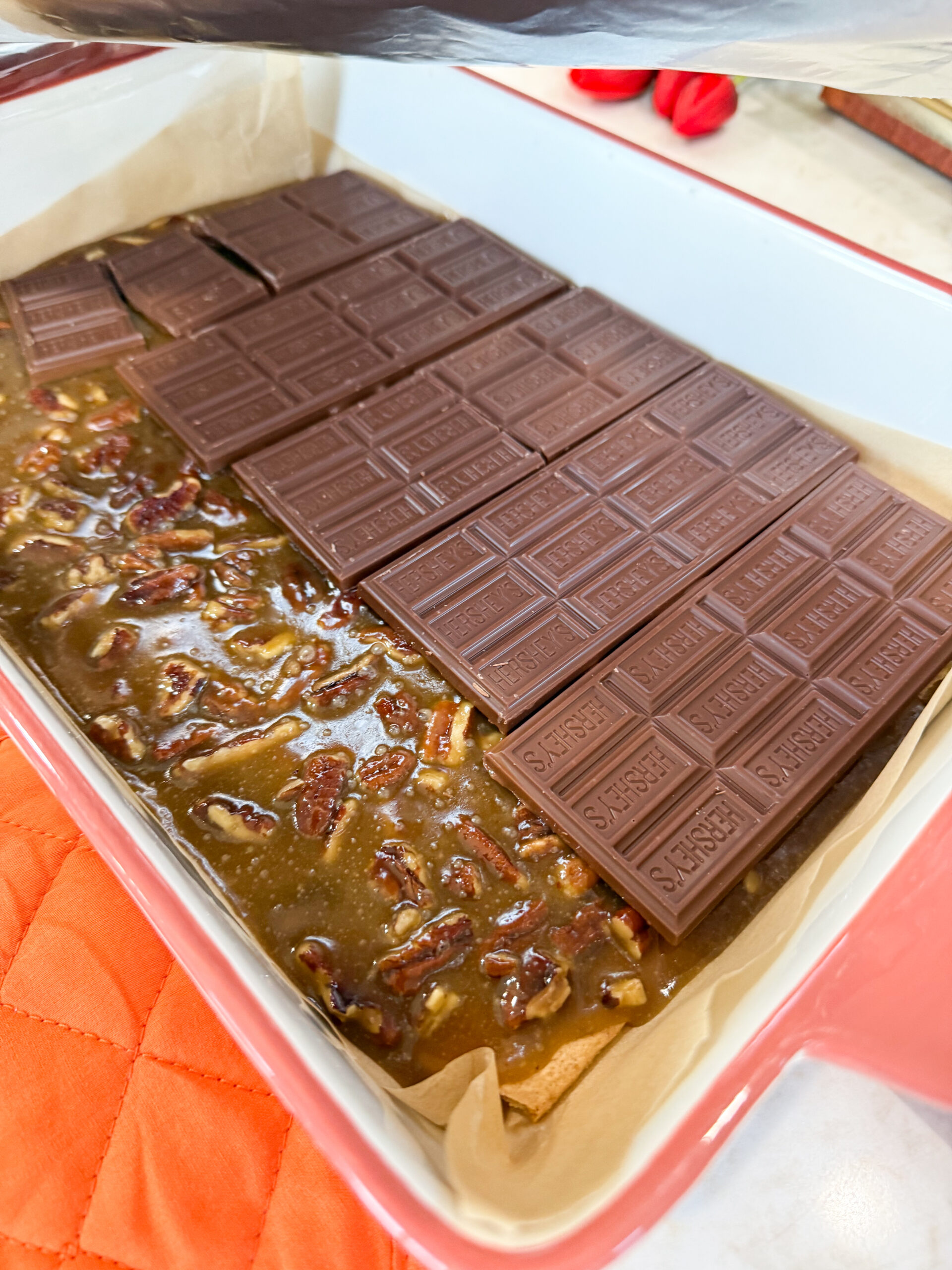 Toffee mixture topped with one layer of Hershey's bars