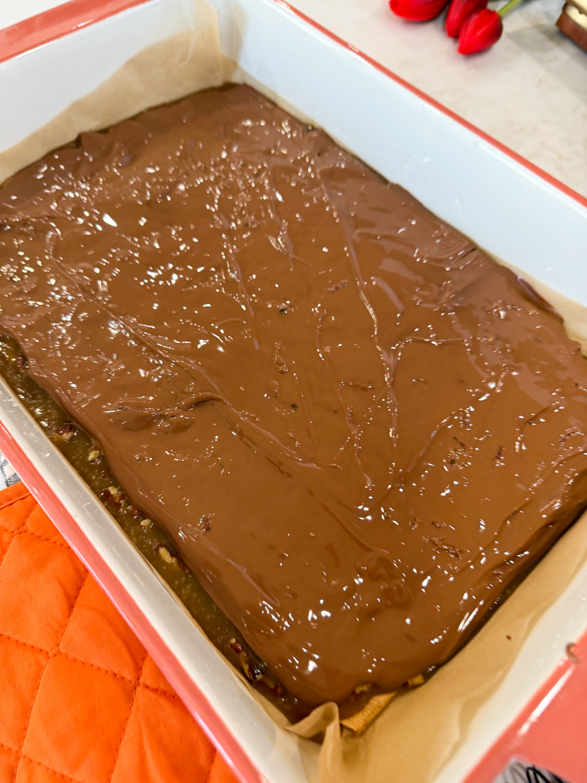 Christmas crack in a 9 by 13 pan cooling