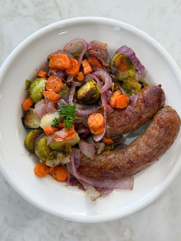 plated sheet pan Italian sausages and veggies