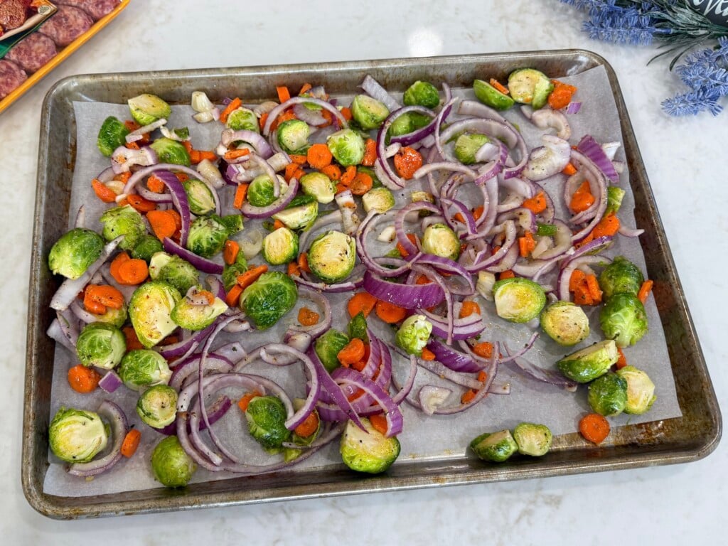 sheet pan Italian sausages and veggies prepared