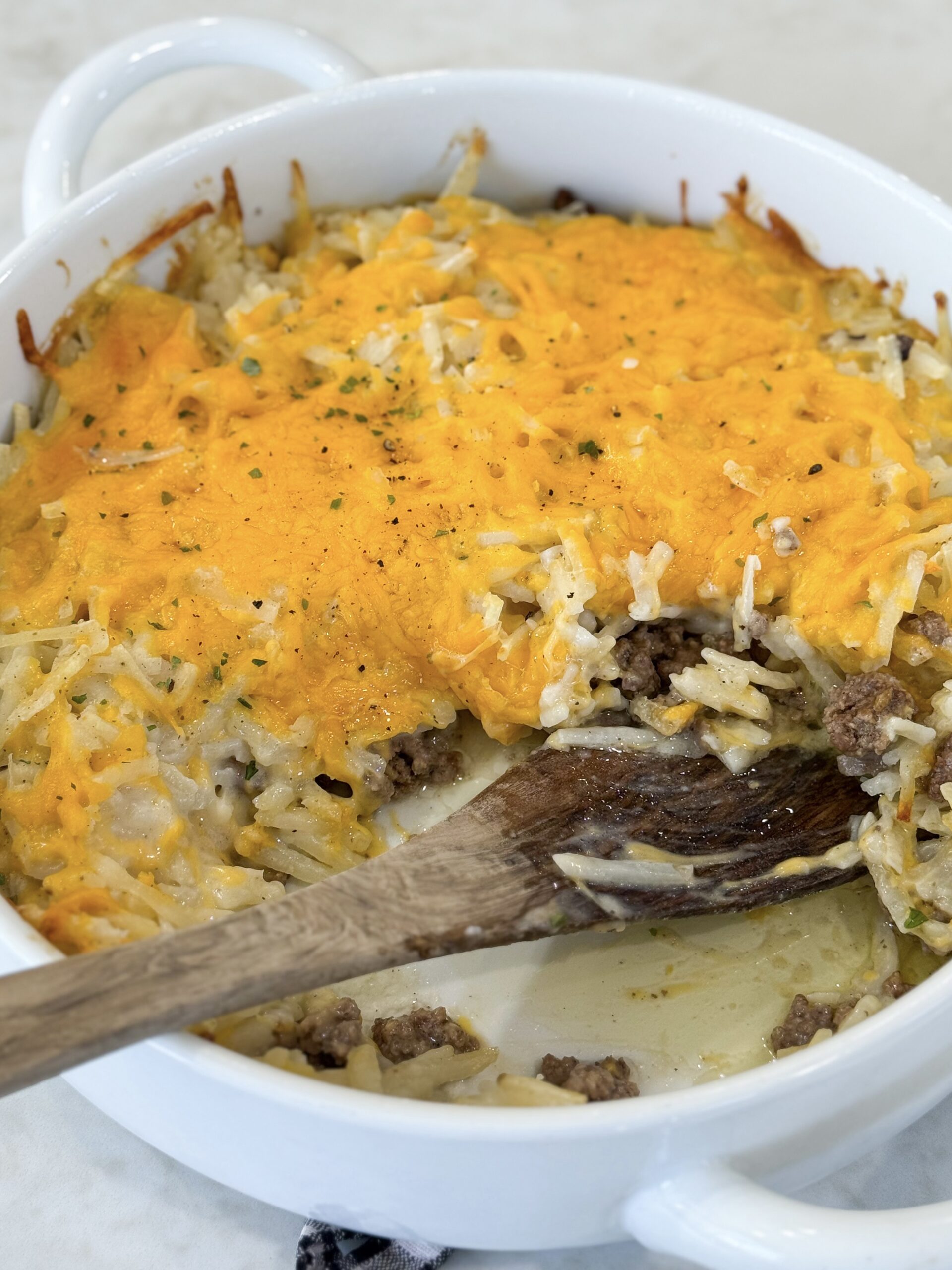 Golden baked hashbrown hamburger casserole