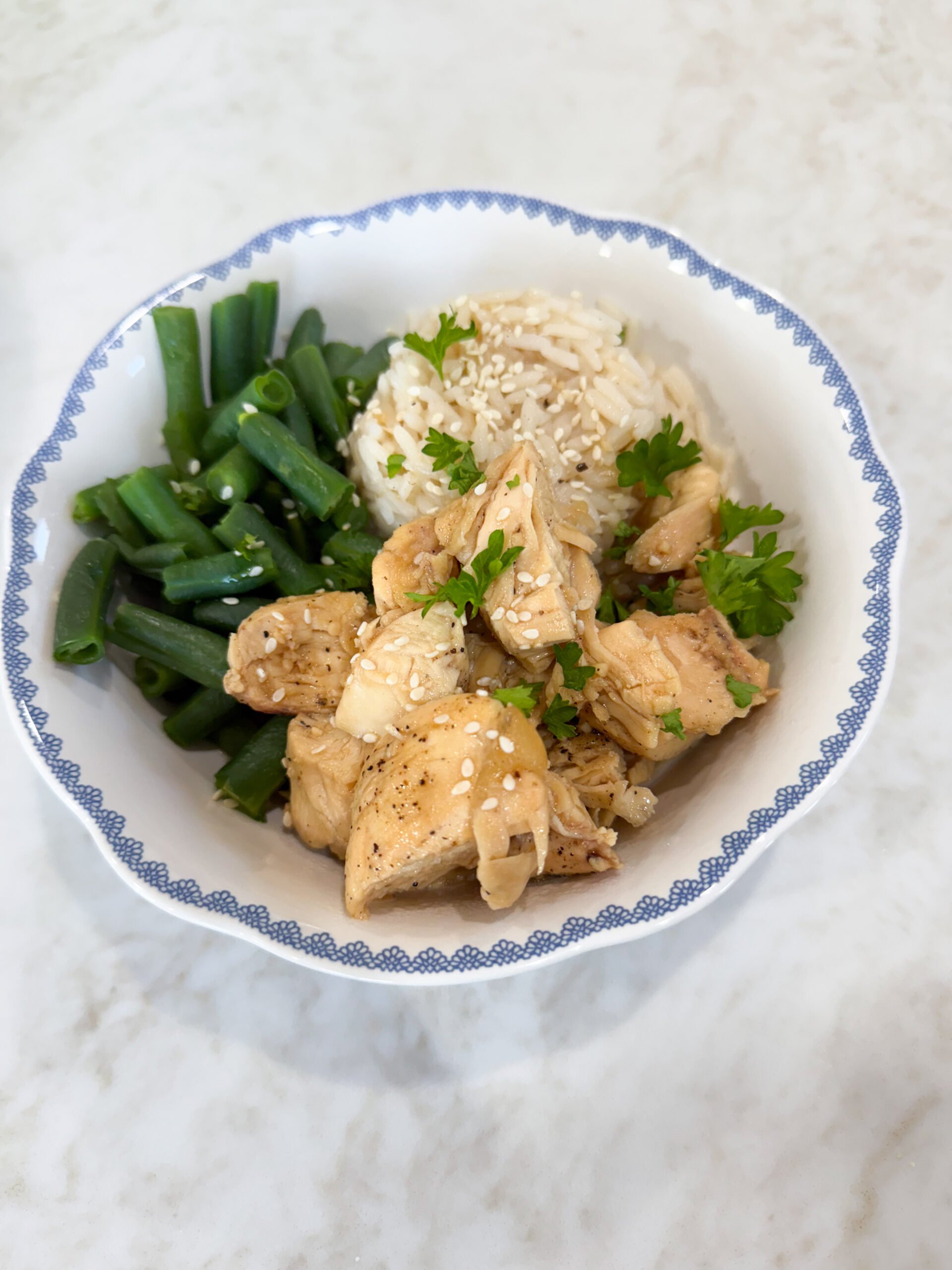 honey garlic chicken served with rice and green beans