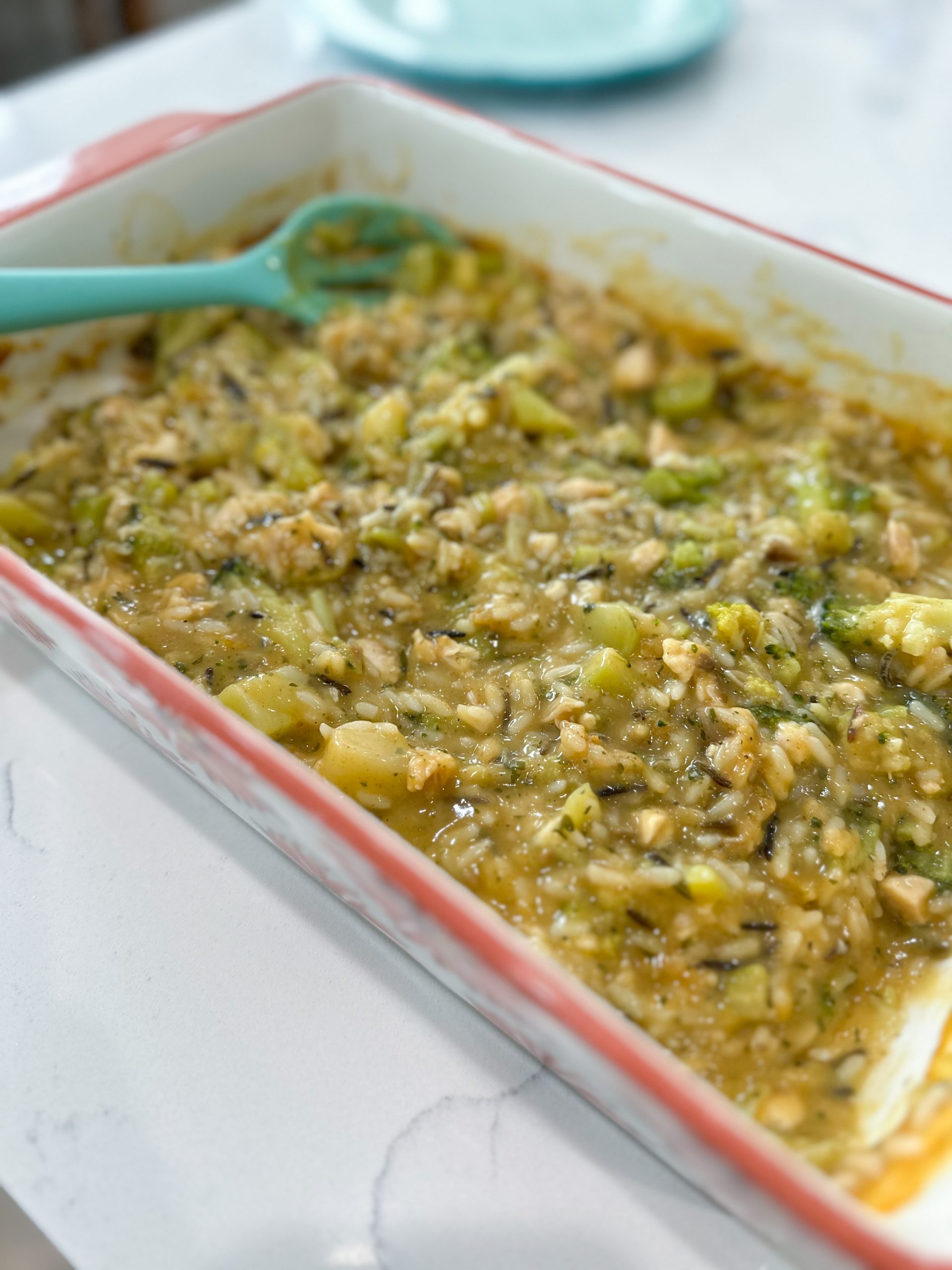 Chicken and rice casserole baked in dish