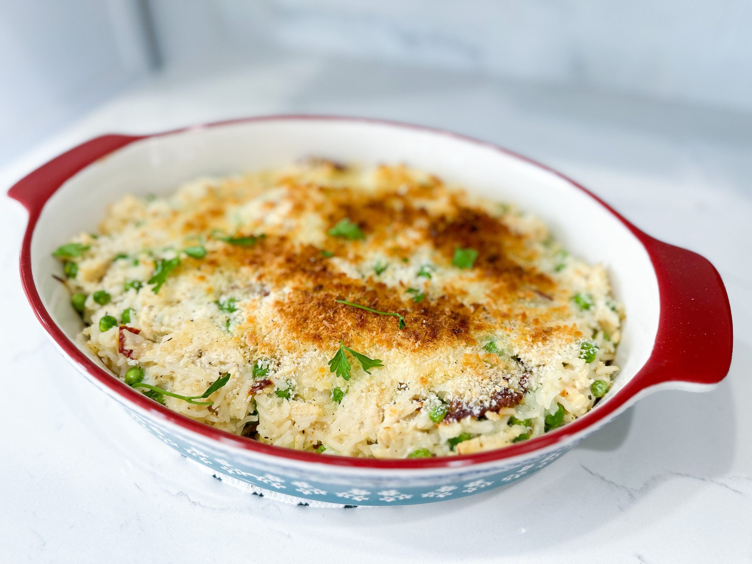 close-up of chicken Alfredo rice casserole