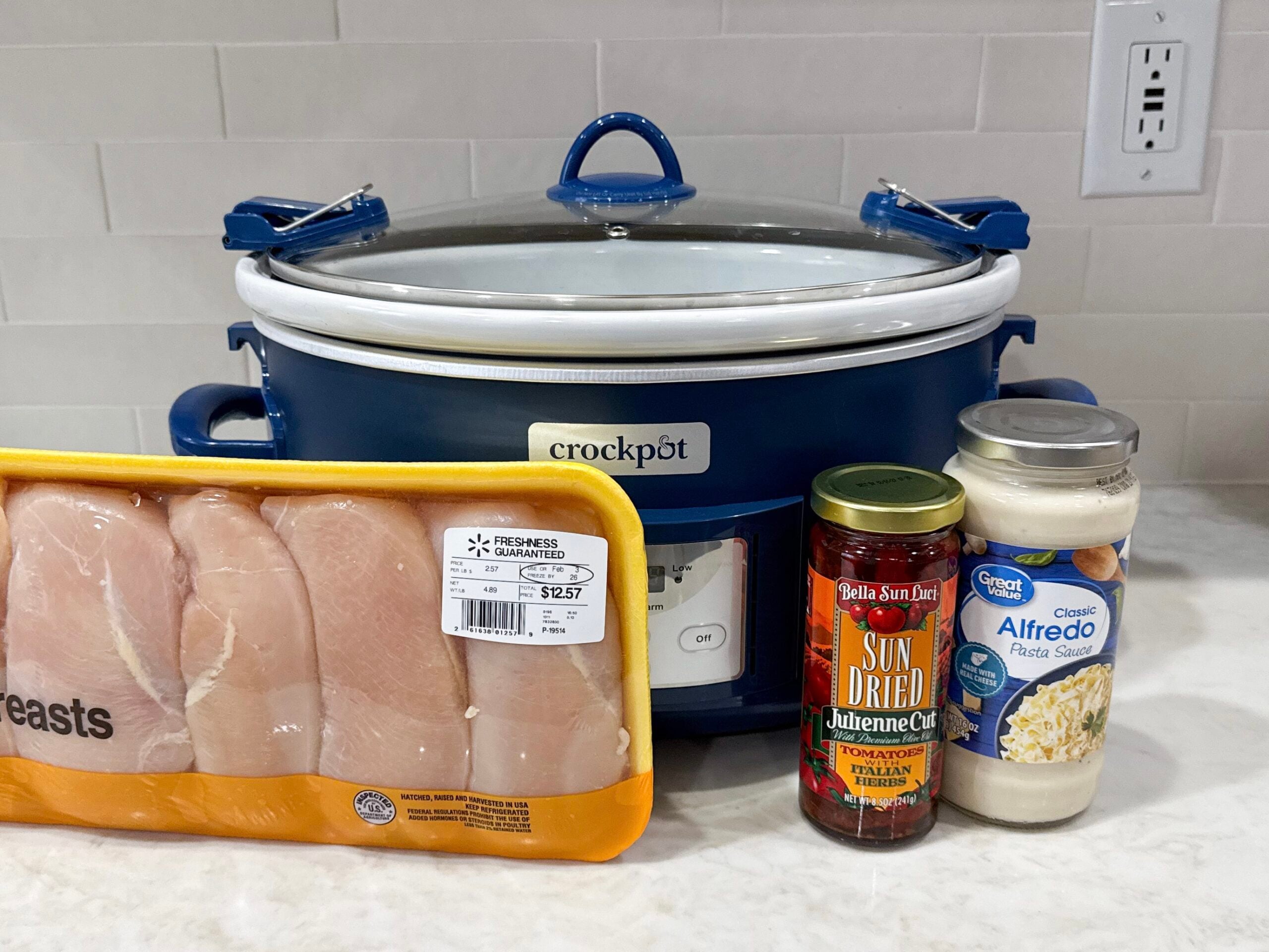 Ingredients for creamy slow cooker Alfredo Tuscan chicken