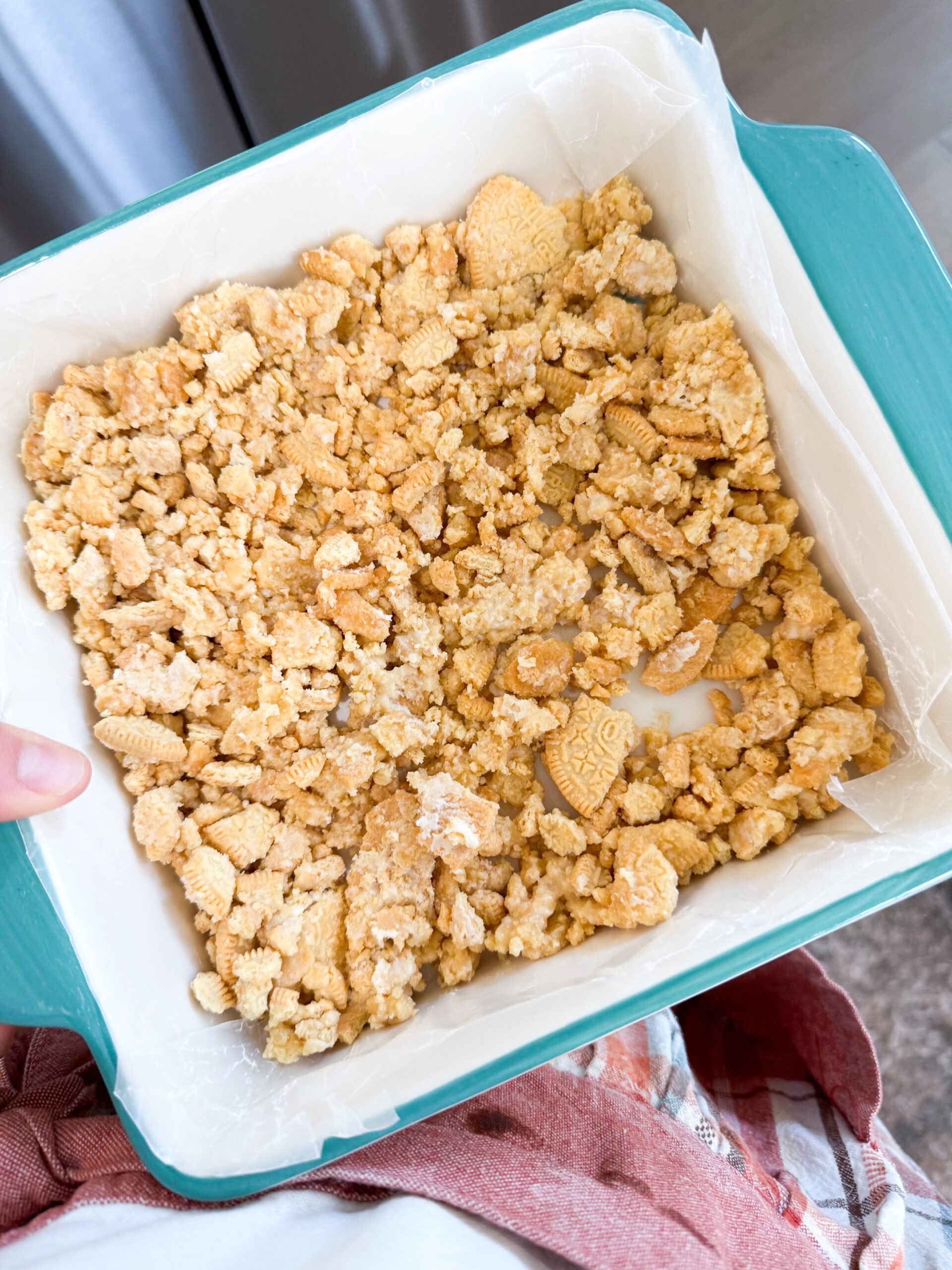 Crushed golden oreos in 8×8 dish