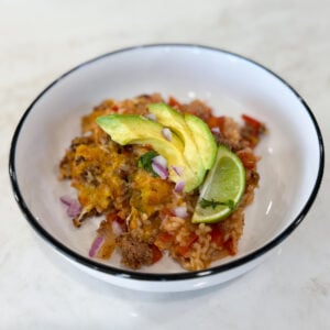 Cheesy stuffed pepper casserole baked in a bowl