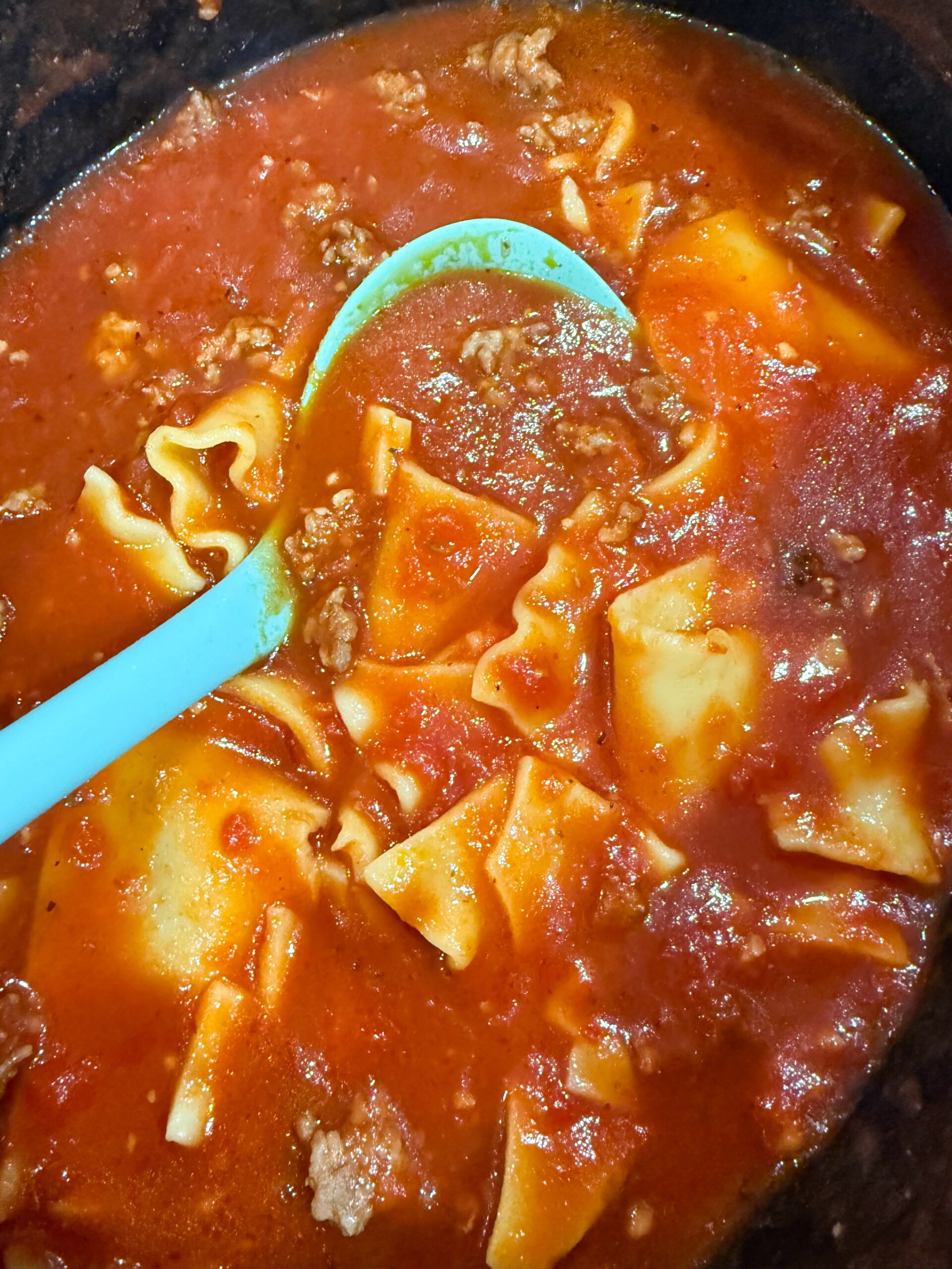 Broken lasagna noodles mixed in with the lasagna, cooked until tender