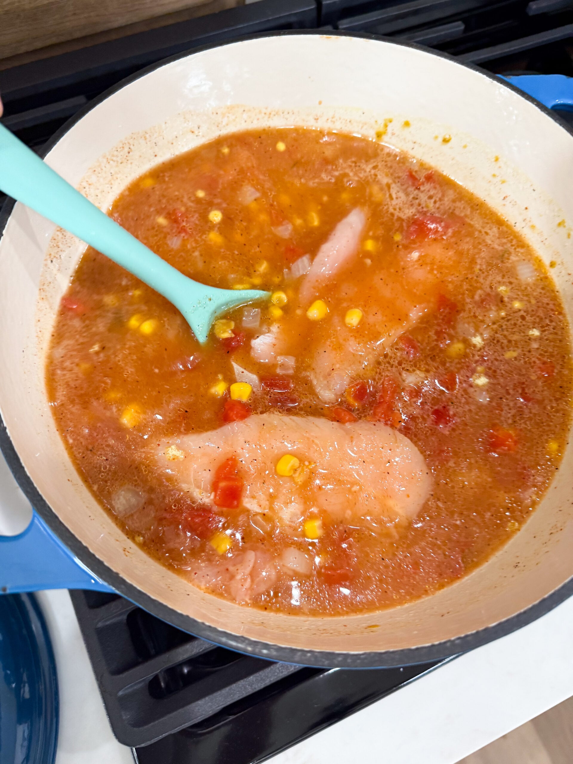 soup simmering with chicken