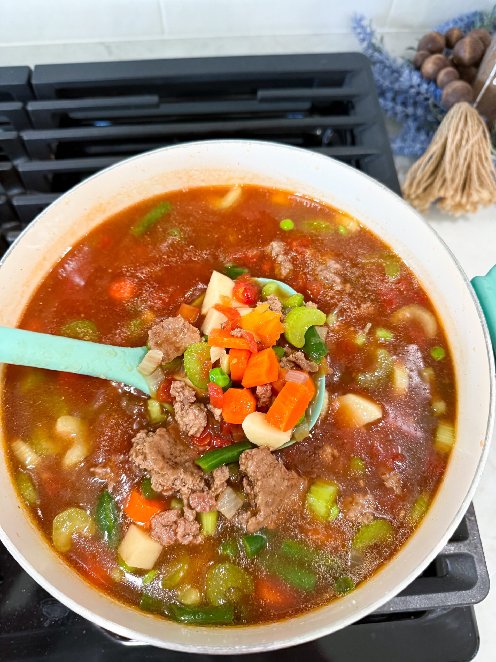Bowl of hearty ground beef and vegetable soup