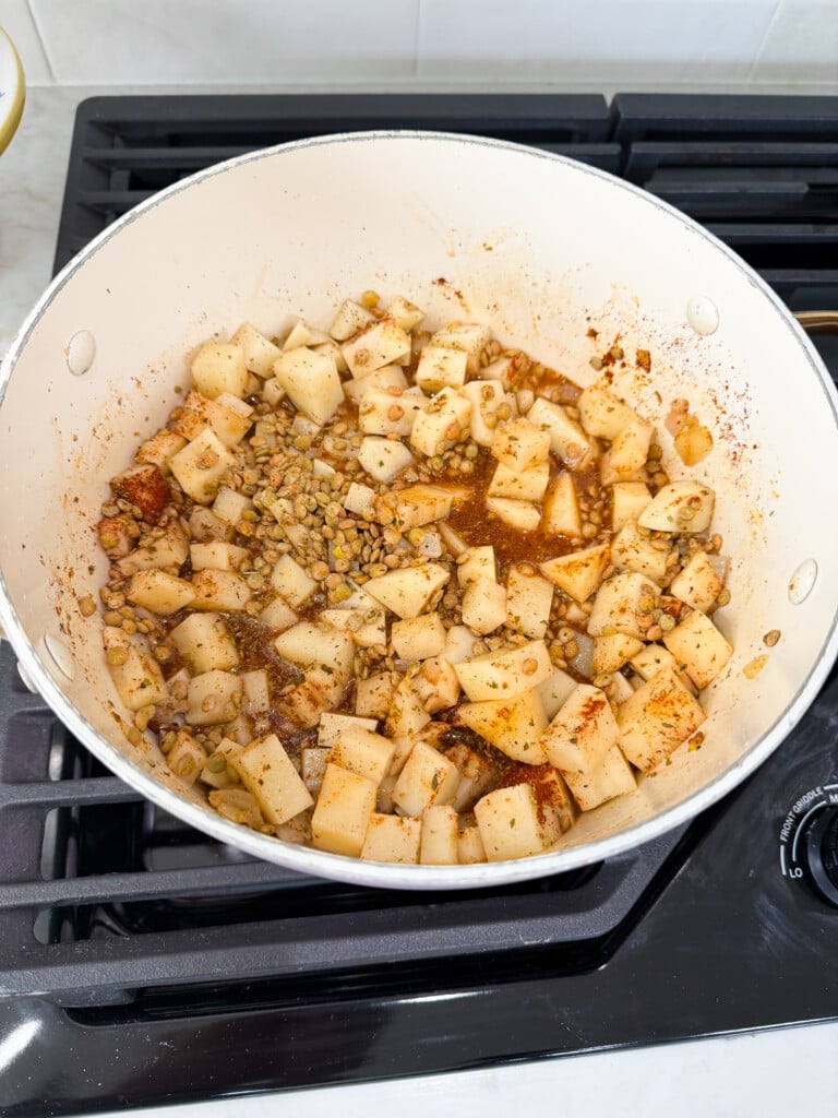cooked lentils and potatoes