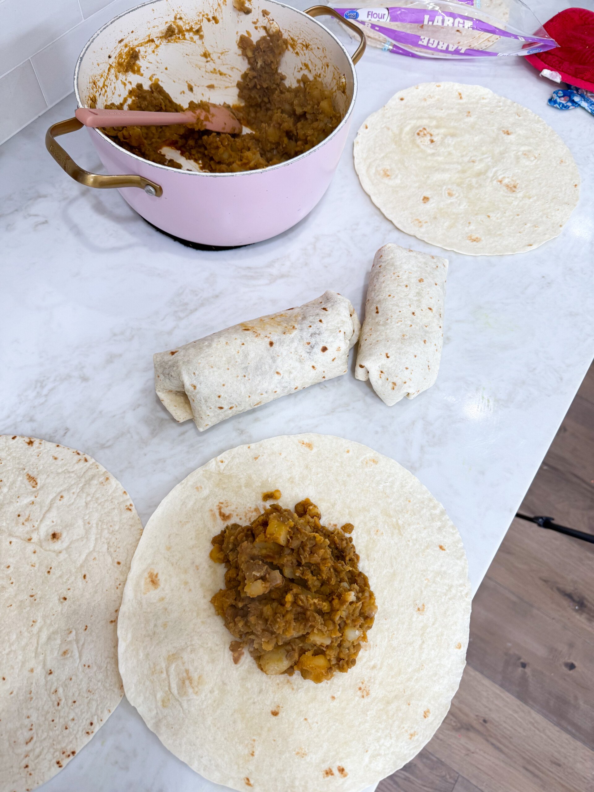 Filling added to the center of a tortilla to make burrito wraps.
