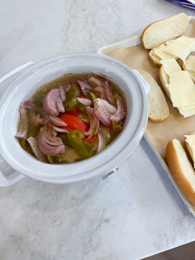Crockpot Chicken Philly Cheesesteak Sandwich tender veggies