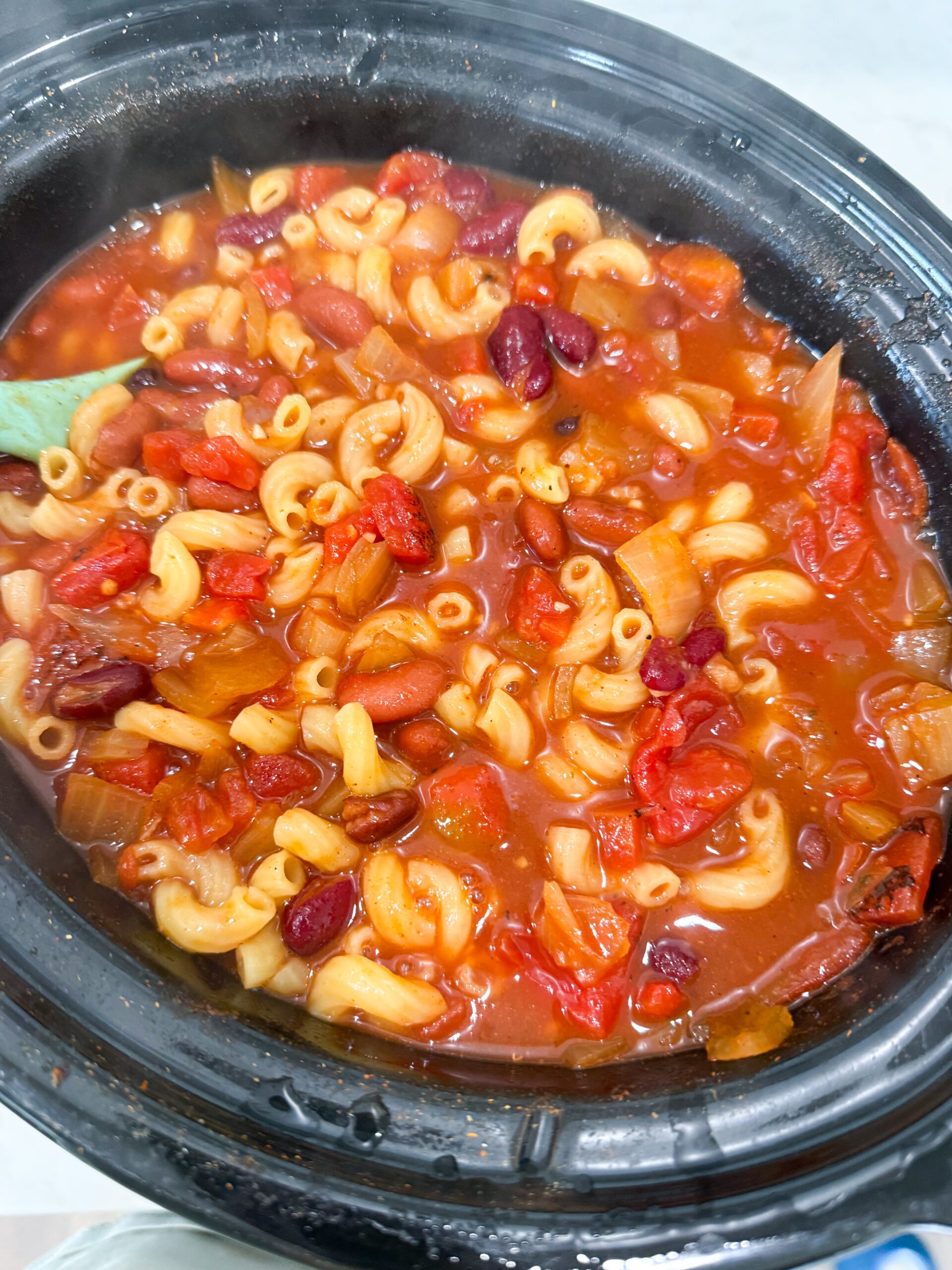 meatless chili mac ready to serve