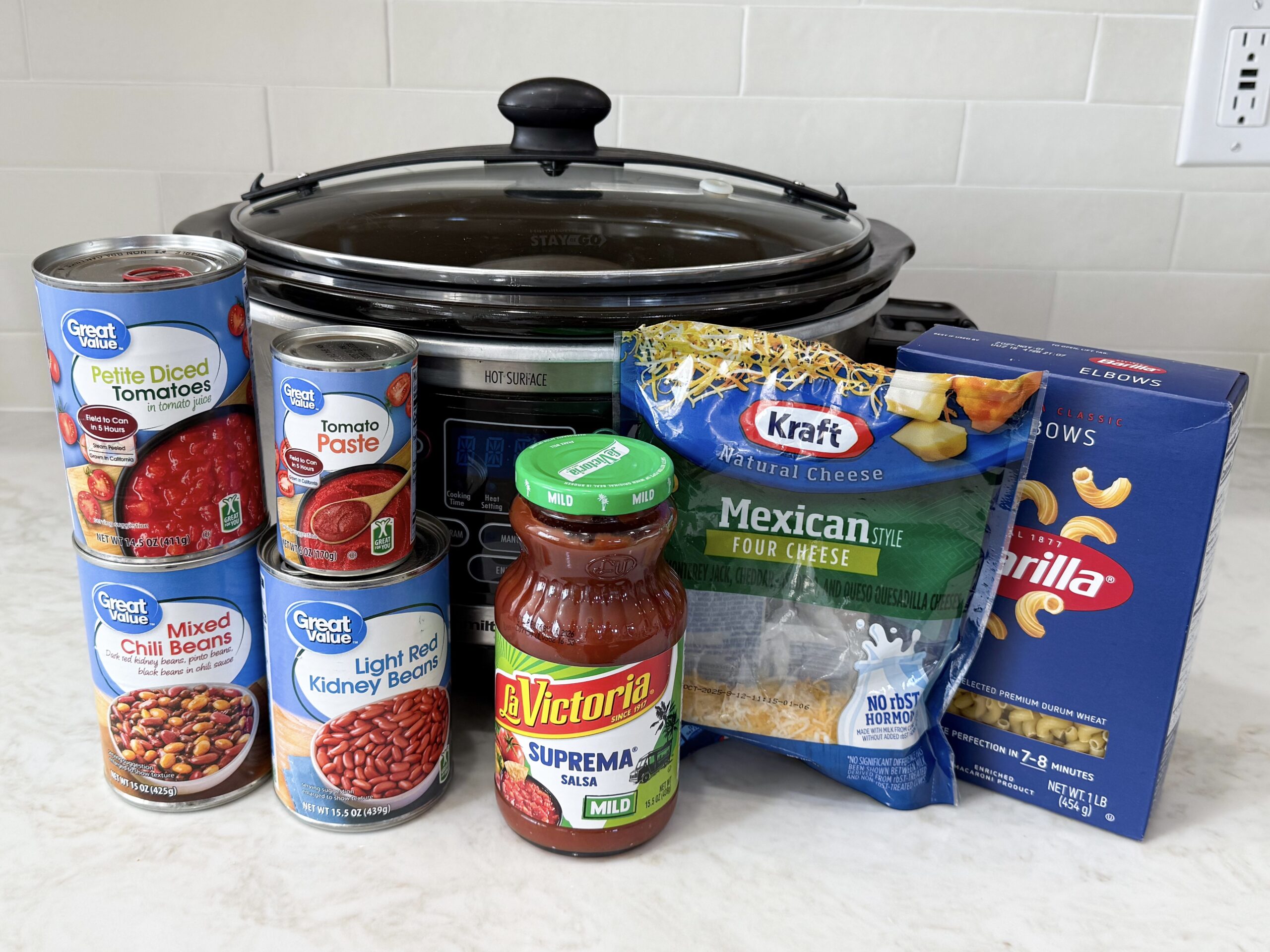 Ingredients for meatless chili mac on counter