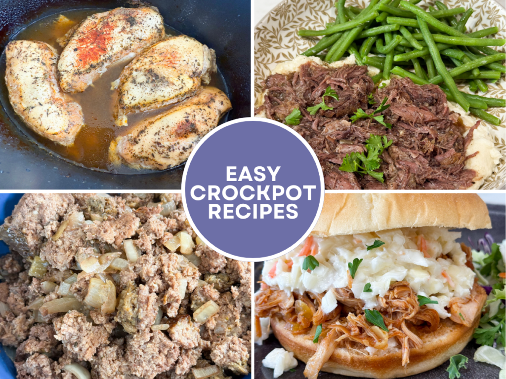 Says easy crcok pot recipes with 4 images of simple chicken and beef slow cooker recipes