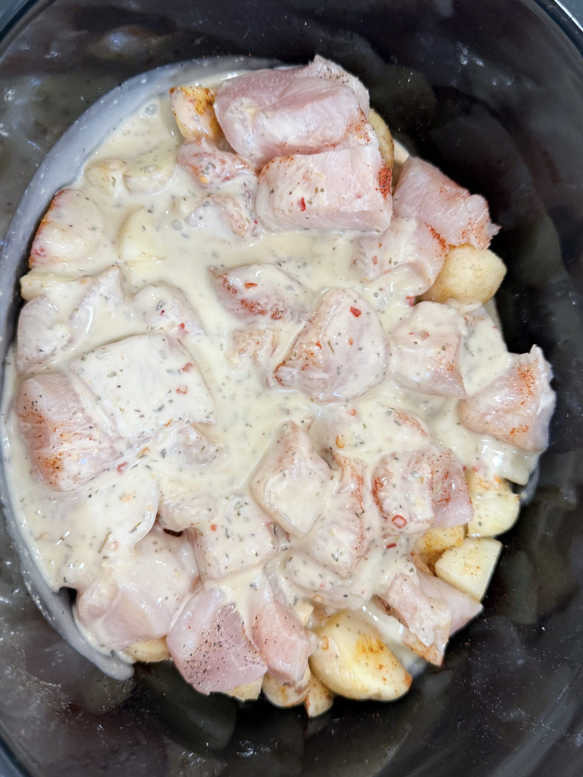 raw chicken with parmesan mixture over top in slow cooker