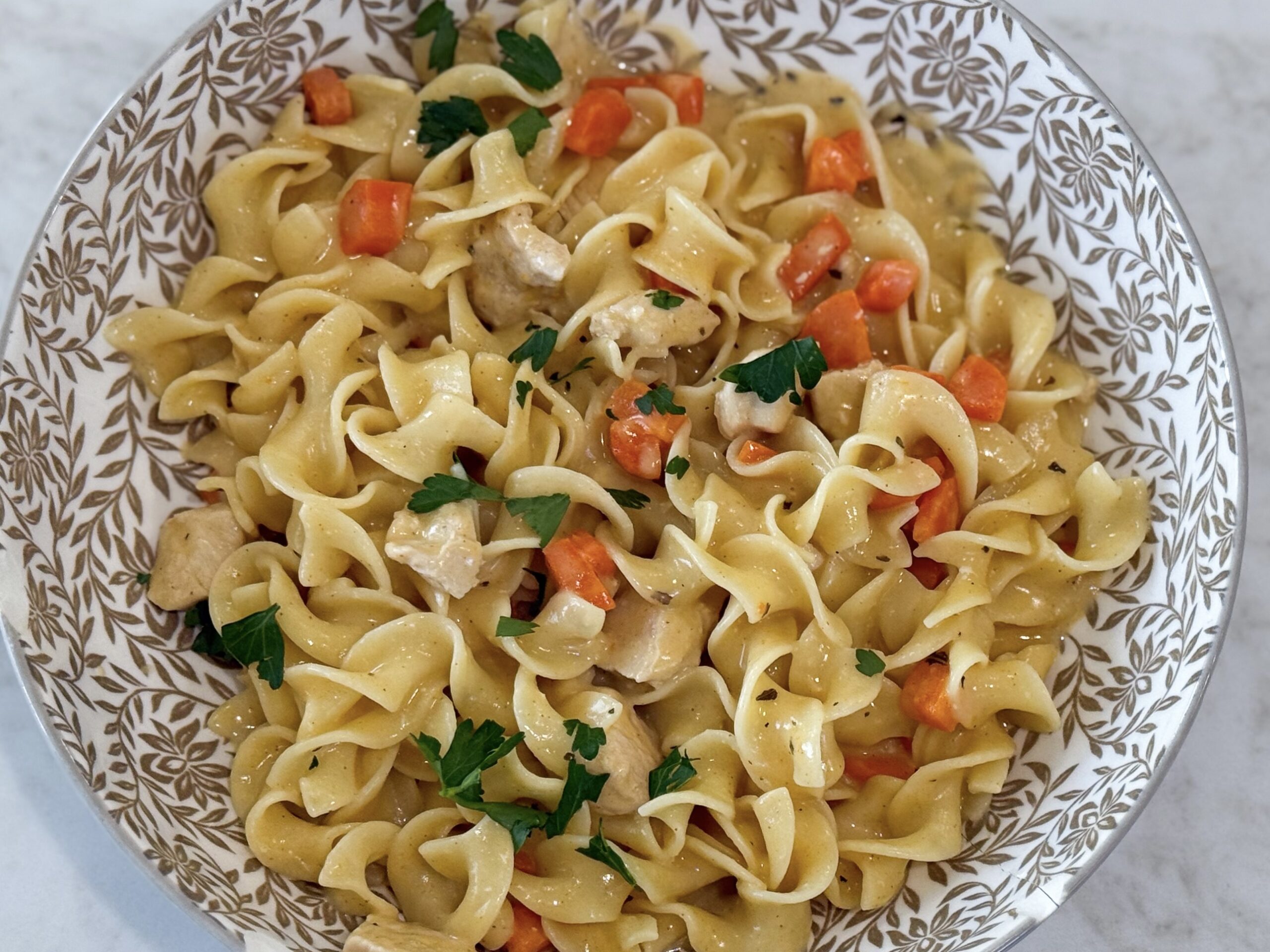 Creamy Chicken and Egg Noodles in a bowl.