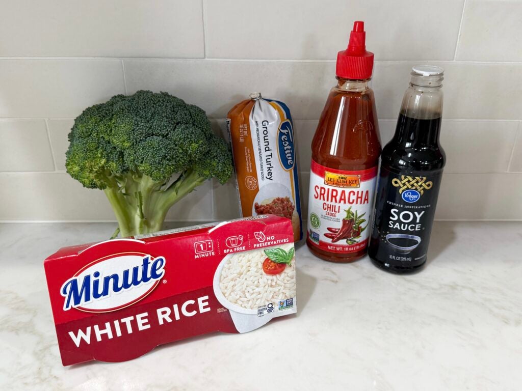 Sweet & Spicy Turkey and Broccoli Bowl Recipe ingredients on a white counter with Minute white rice