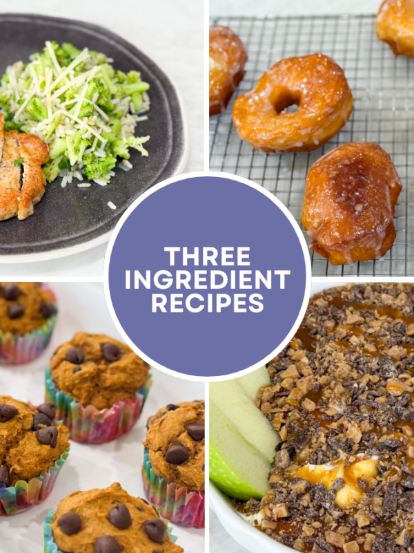 Four different 3-ingredient recipes shown: pork chops on a plate, pumpkin muffins on a tray, donuts on a cooling rack, and caramel apple dip in a bowl.