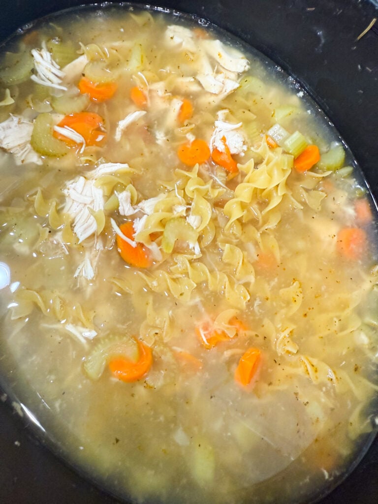 Shredded chicken and egg noodles being stirred into soup