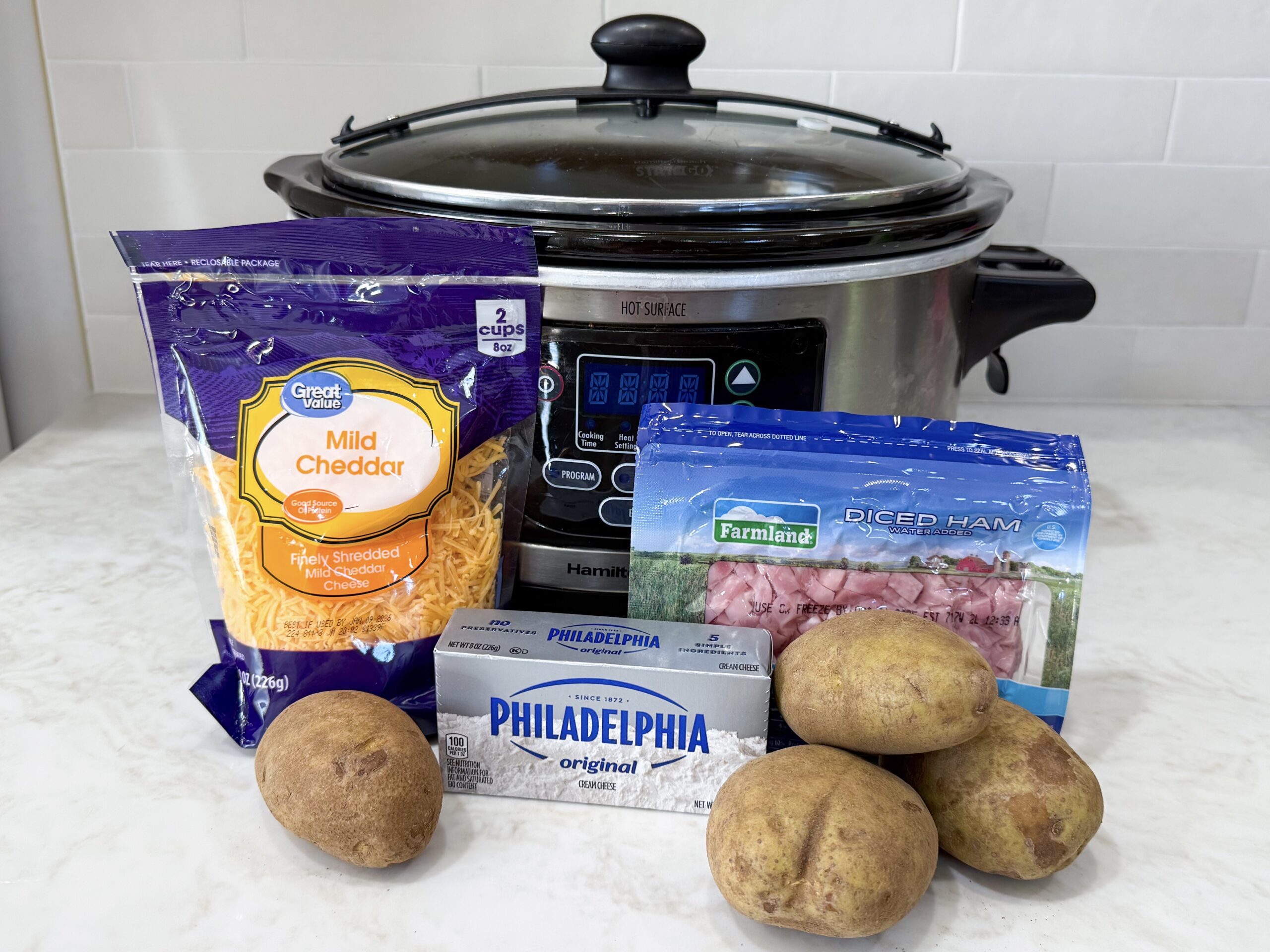 Ingredients for Ham and Potato Soup on countertop