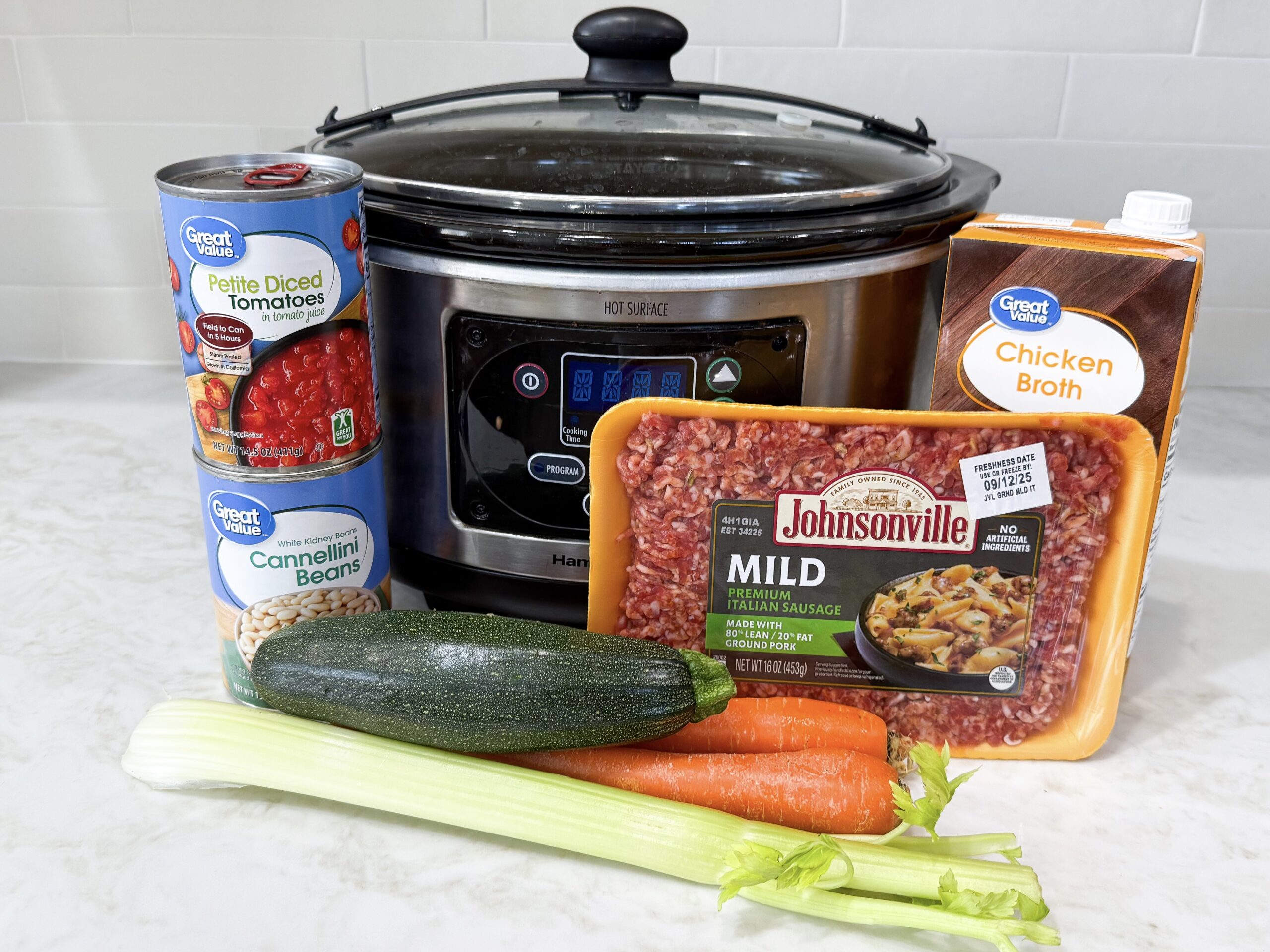 Ingredients for Italian Vegetable and Sausage Soup on countertop