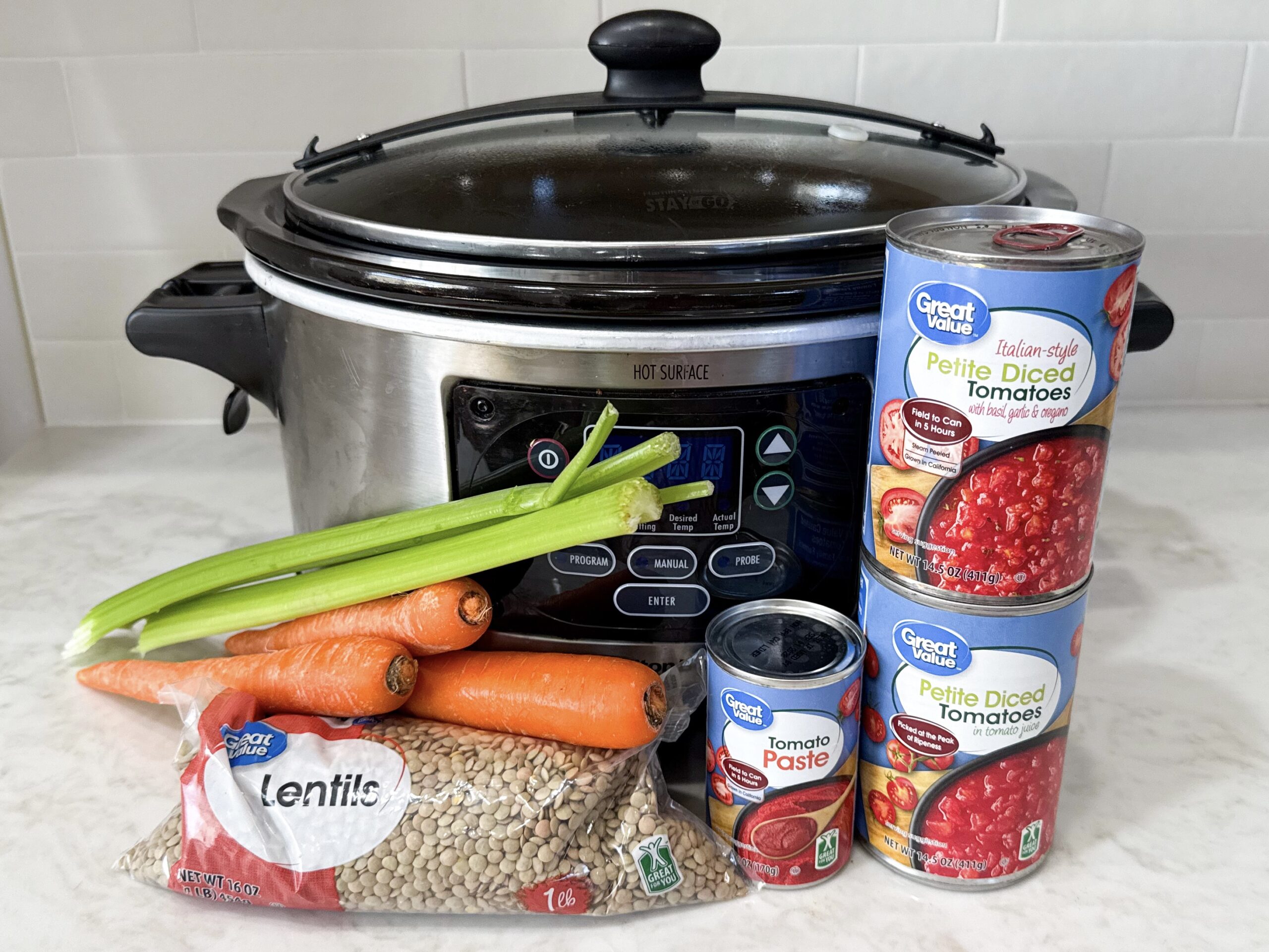 Ingredients for Slow Cooker Lentil Soup Stew on countertop with slow cooker.