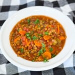 Bowl of Slow Cooker Lentil Soup Stew with carrots, celery, and lentils
