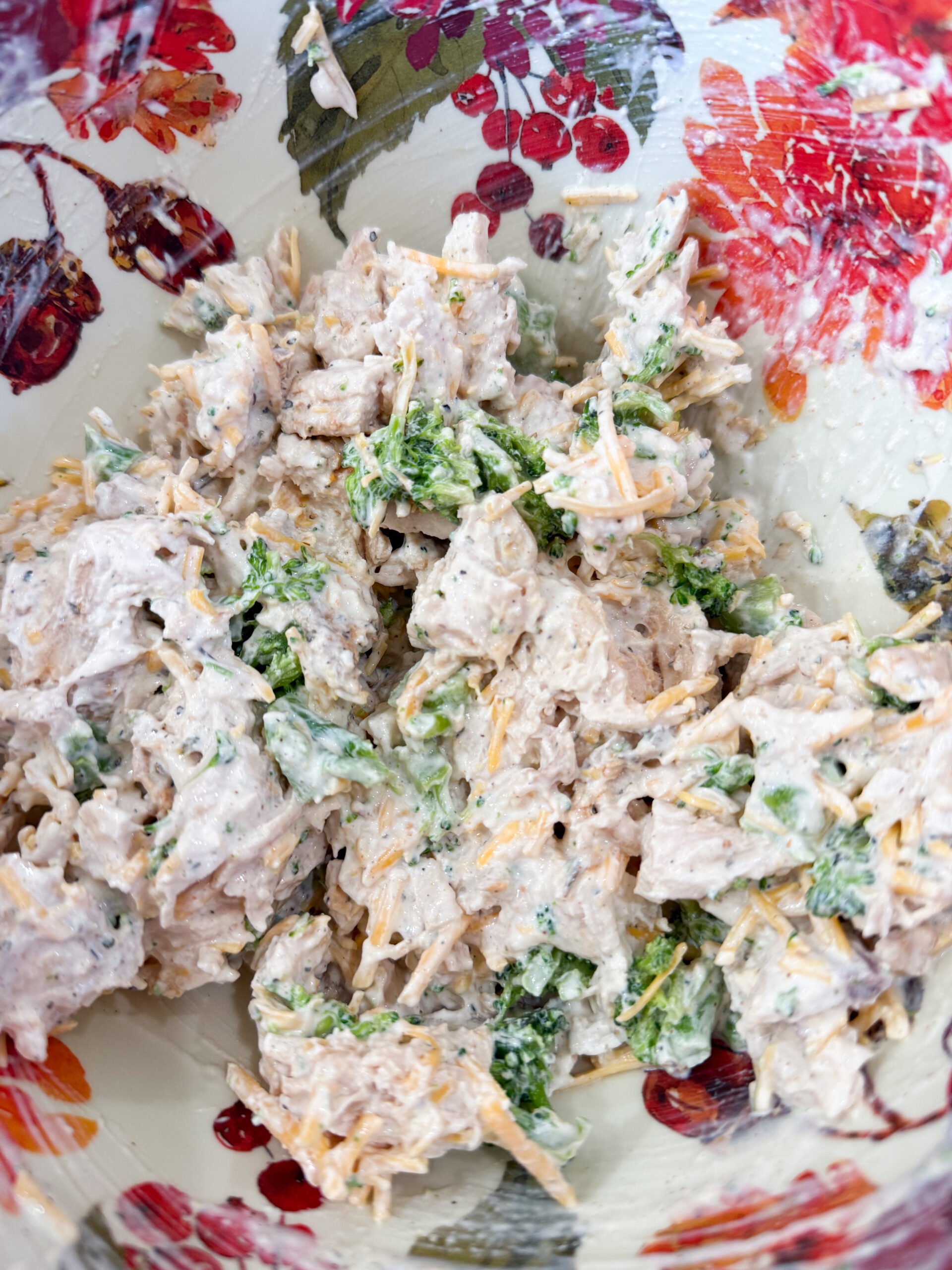 Mixing chicken, sour cream, and cheddar in a bowl