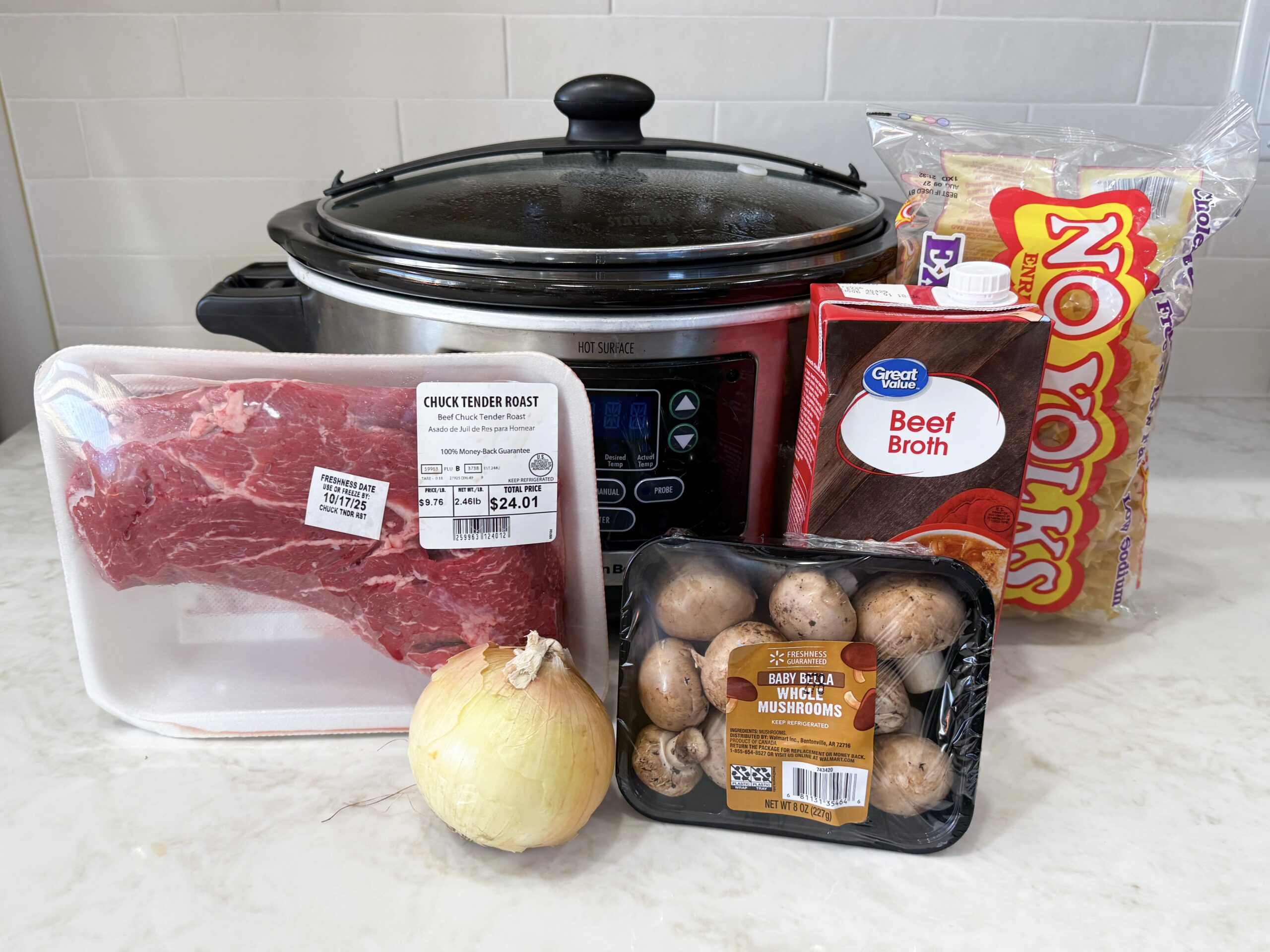 Ingredients for slow cooker beef stroganoff on counter