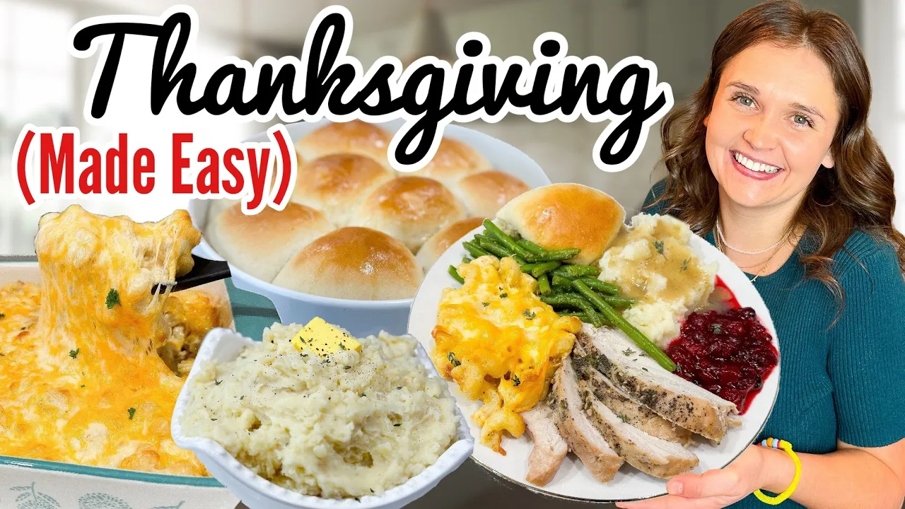 Affordable Thanksgiving dinner spread with turkey, stuffing, mashed potatoes, rolls, and pumpkin dessert.