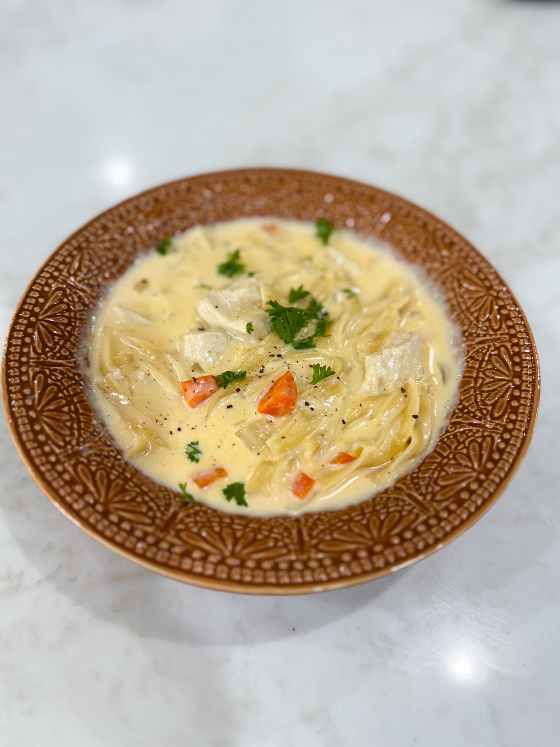 Creamy chicken noodle soup with carrots, celery, and egg noodles
