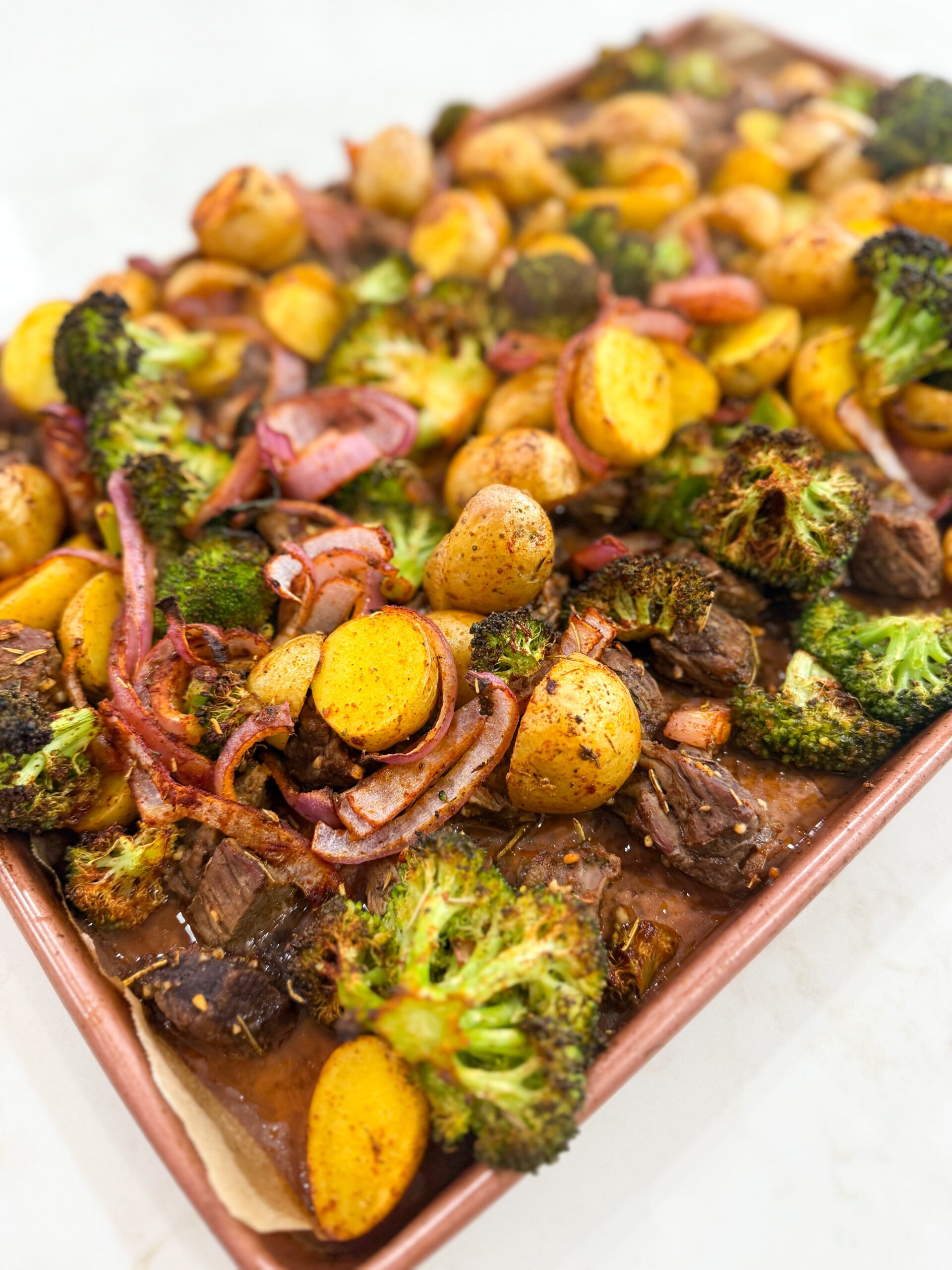 roasted steak bites and vegetables on a sheet pan