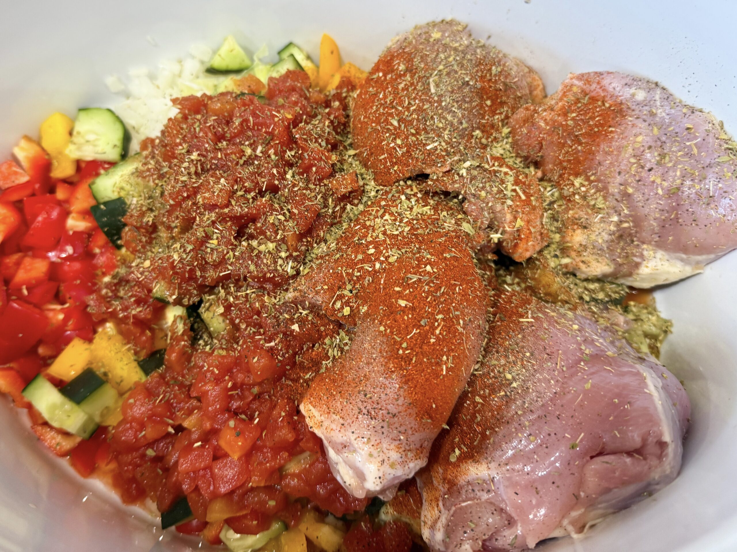 all of the ingredients added to slow cooker