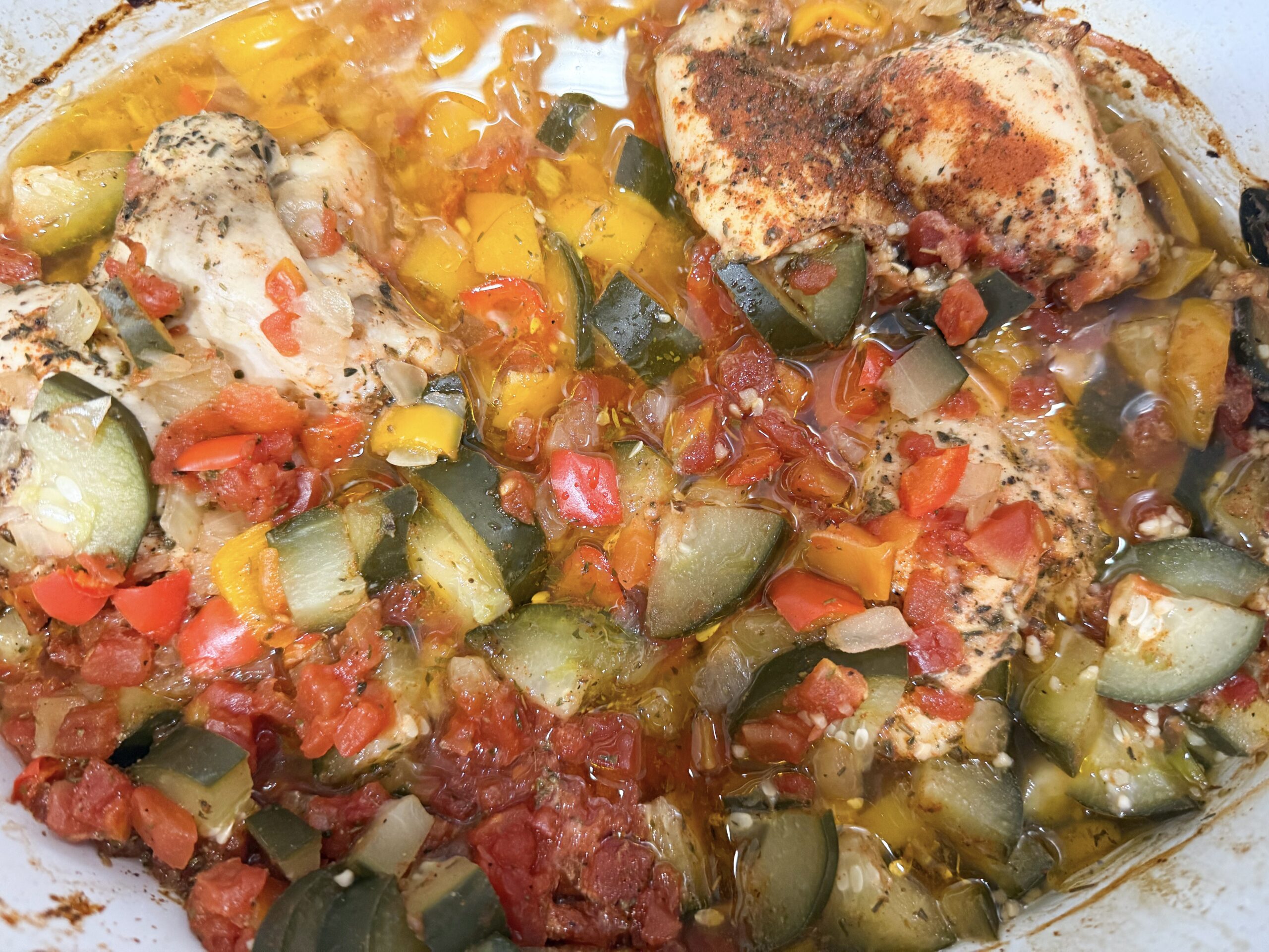 cooked chicken and veggies in the slow cooker