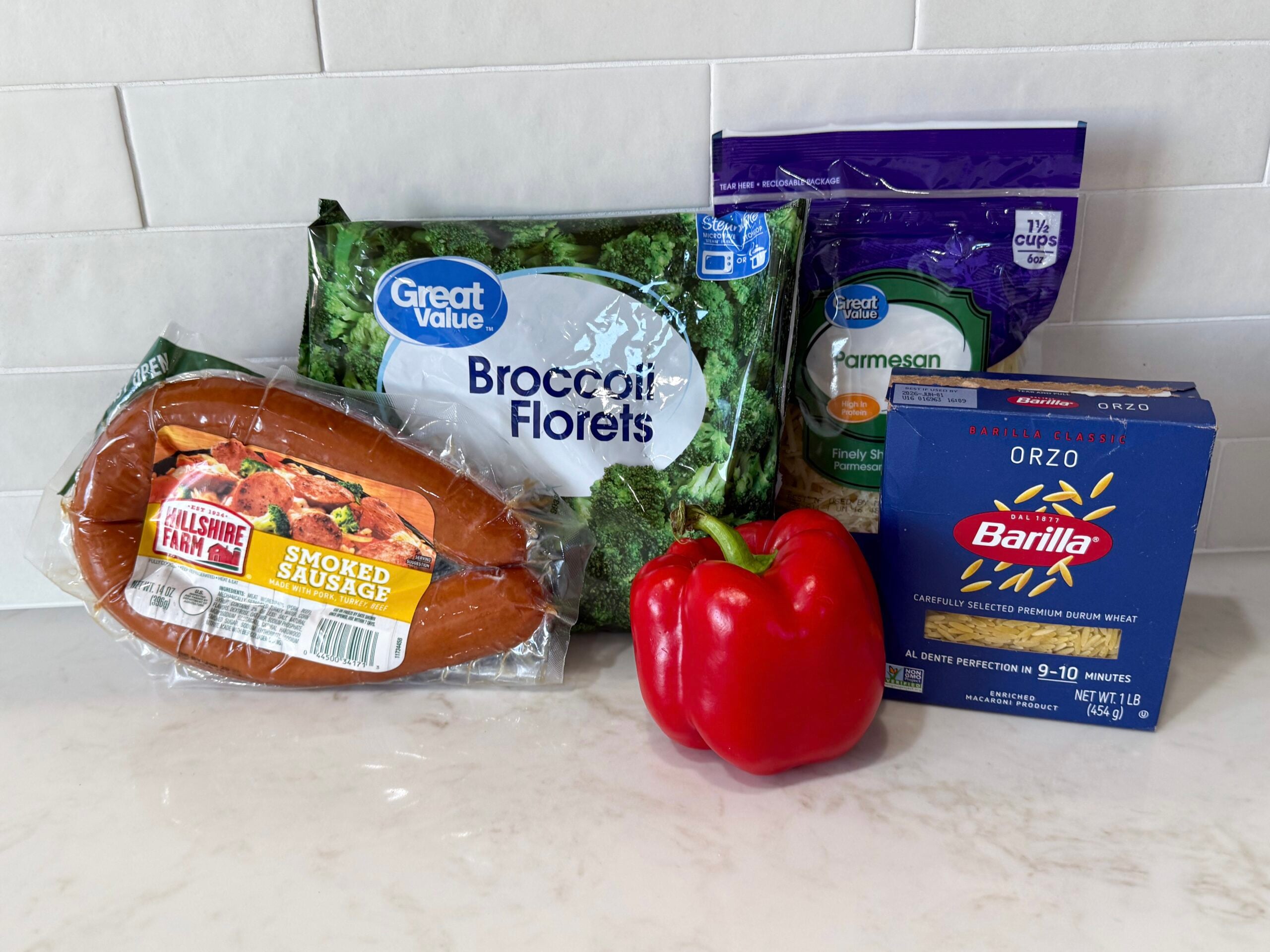 ingredients for one-pot orzo with kielbasa