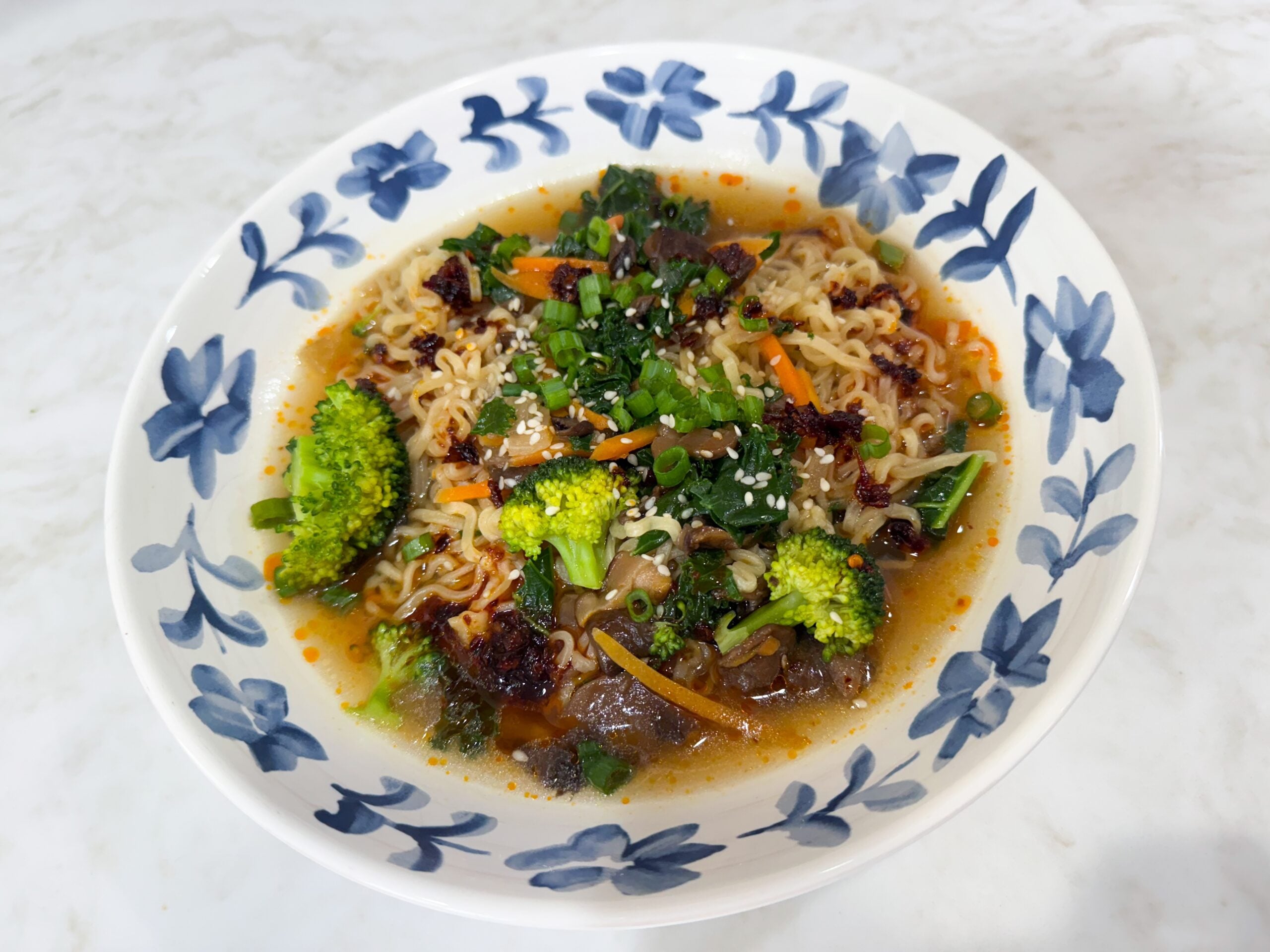 mushroom and veggie ramen soup served in a bowl