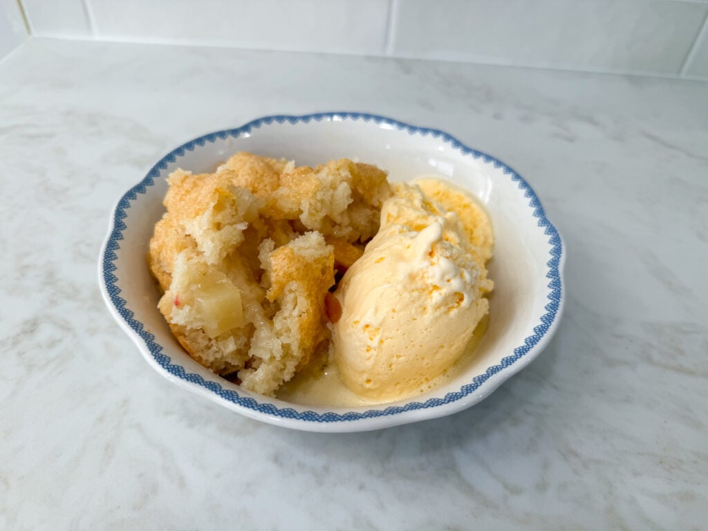 Easy Cuppa Cake made with fruit cocktail in an 8x8 baking dish